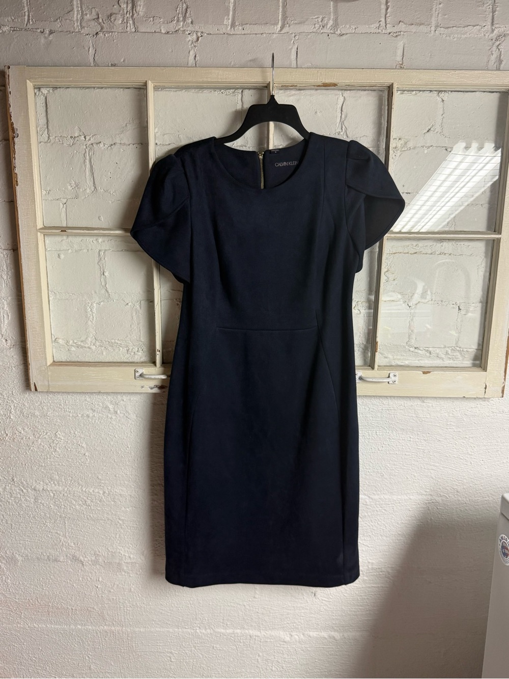 Calvin Klein Navy Puff Sleeve Midi Sheath Dress - Picture 2 of 10